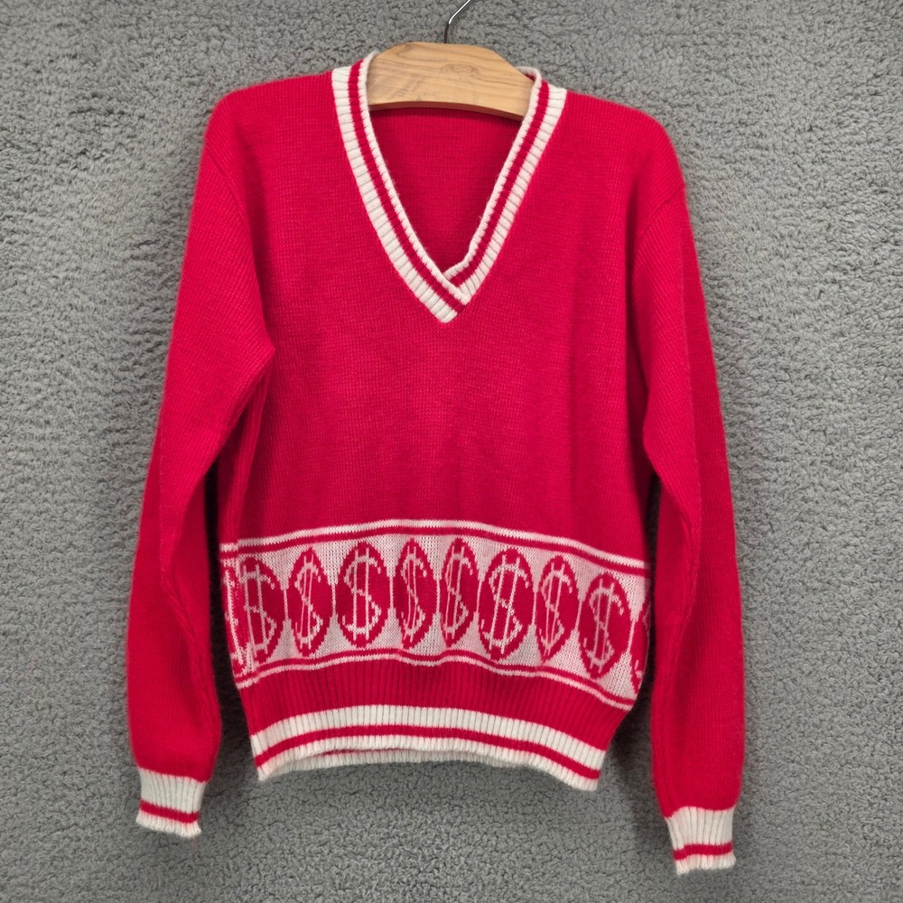 Vintage Red Dollar Sign V-Neck Knit Sweater White Graphic Money Pattern Small